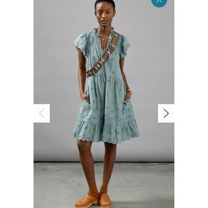 OTHILIA Anthropologie Ginevra ruffled Dress Short Sleeve eyelet Sage Green‎ M